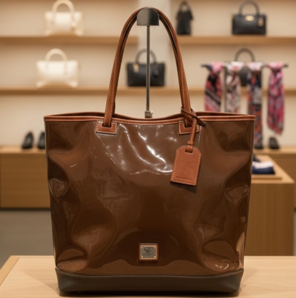 Dooney & Bourke Handbags - Dooney & Bourke Patent Leather Shopper Tote – Rich Espresso & Cognac​Elevate yo